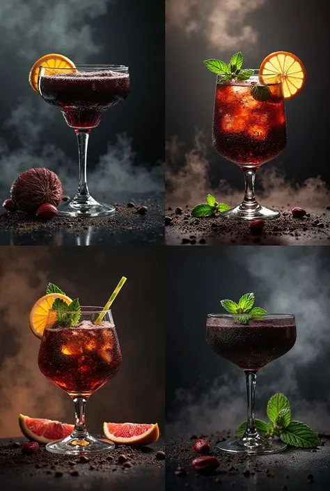 A seamless collage of four highly realistic, ultra-detailed images featuring luxurious black drinks and cocktails. The drinks ar...