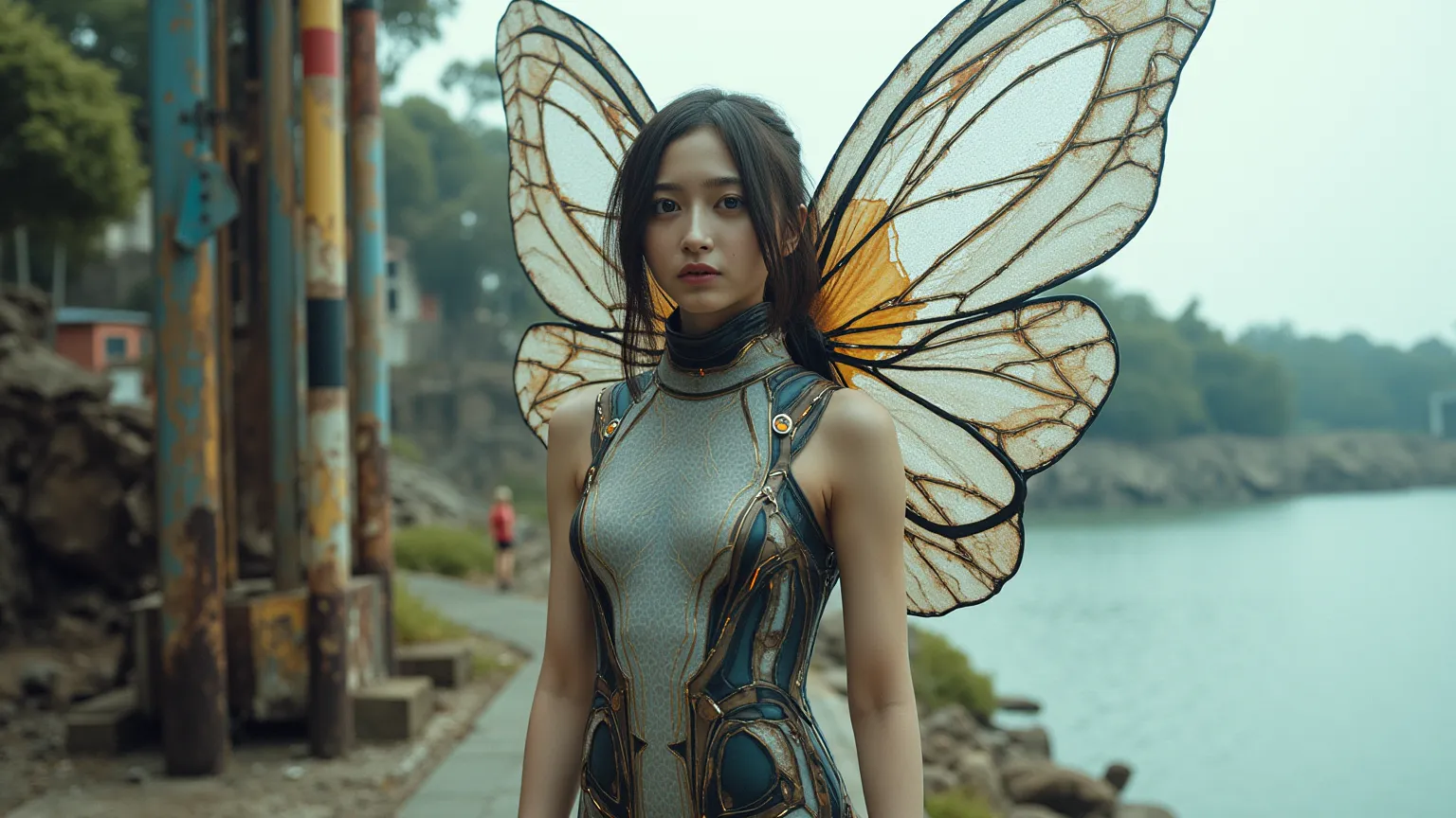A girl in a plug suit that looks like a butterfly、More、Actual product、waterfront、pictures、Imagine Butterfly Wings、Ancient techno...