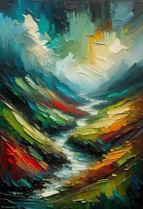 Paisagem a thick, textured oil painting, brushstrokes, reds, greens, blues,  dry brushing ,  revealing lower layers , abstract l...