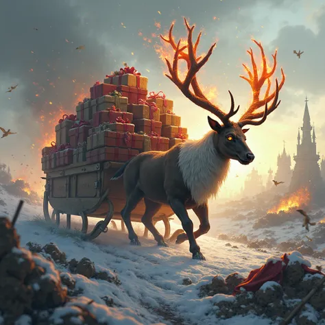 5-headed reindeer sled、There are lots of presents on top of the sled、The location is the battlefield、The reindeer runs at full p...
