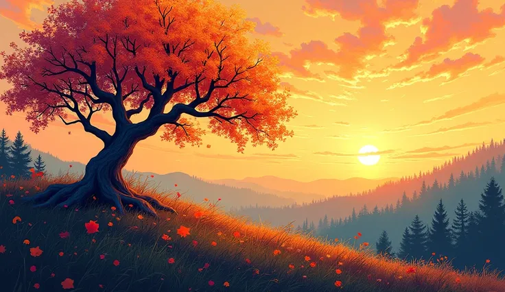 Abstract colorful deciduous tree on a hill with the lettering “TREE-ART” in the background is a forest at sunset 