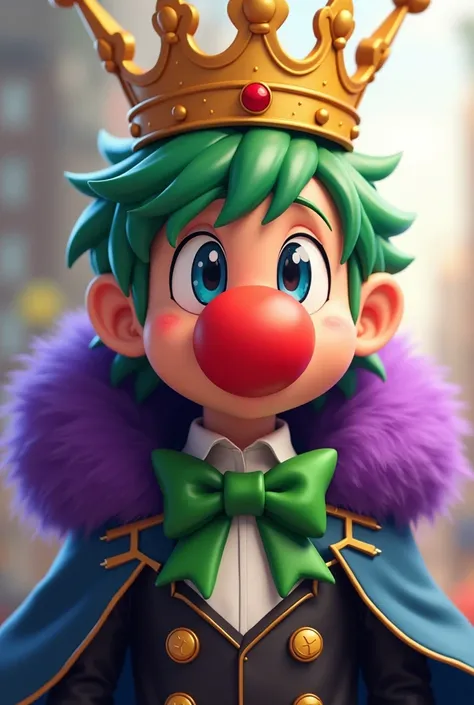 Handsome 2d anime, big red round nose, wearing a golden crown, bicolor hair left hair green right hair blue, left eye blue, gree...
