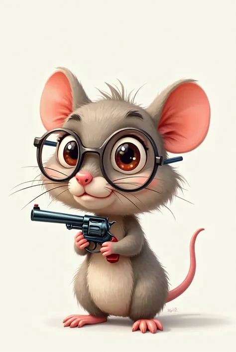 Cute glasses-wearing rat holding a gun