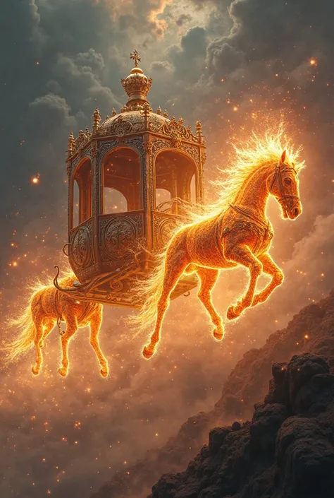 high quality,  8K Ultra HD, old carriage,Unmanned, in motion descending from heaven to earth, Pulled by two horses both made of ...
