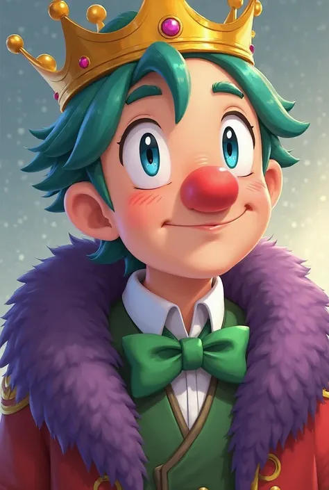 Handsome 2d anime, big red round nose, wearing a golden crown, two-color hair left hair green right hair blue, blue left eye, gr...
