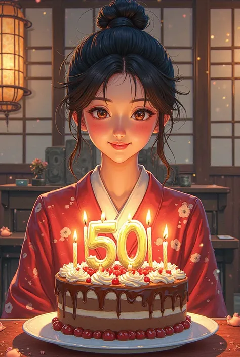 Mural with Japanese ren with cake with candles that say 50th anniversary 
