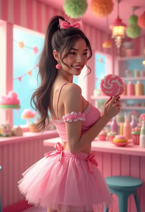"Create a photorealistic image of a Vietnamese woman wearing a candy-themed outfit with pastel-colored cotton candy skirts and l...
