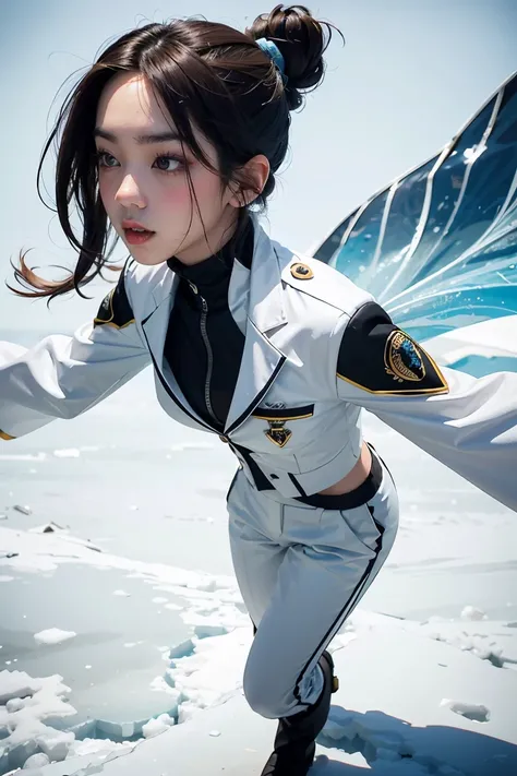 A petite and elegant woman attired in a white suit exhibits a calm and confident demeanor, standing at approximately 5 feet 2 in...