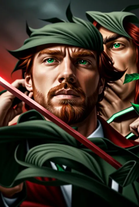 Red-haired man wearing a green suit alternating with black, holding a sword
