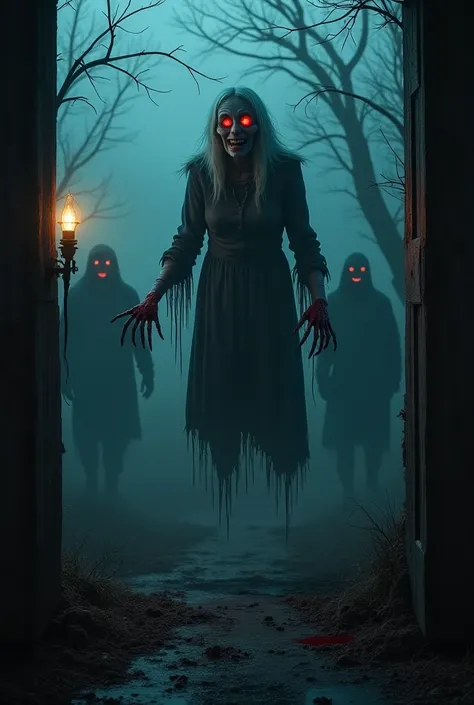 "A dark, abandoned mansion stands alone in the middle of a foggy night, surrounded by dead trees. The old wooden door is slightl...