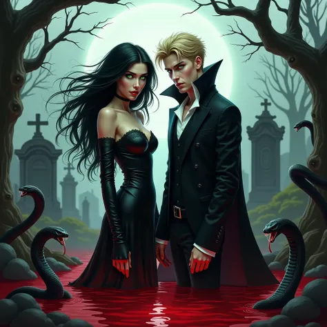 Create an image of a sexy female vampire she has black hair and green eyes next to her is a vampire man he has blond hair and bl...