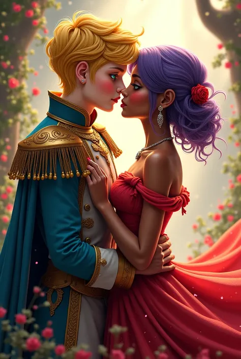 Alice Aduraice girl with short yellow hair and green eyes wearing a costume of a prince kissing with Anthy Himemiya girl with bl...