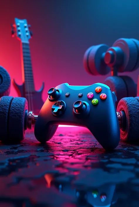 Wallpaper with video game control concepts, concepts, dumbbells and electric guitar 