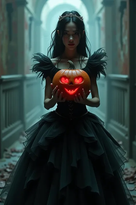 An evil cinderella holding a pumpkin with her eyes shaped like a red heart 
