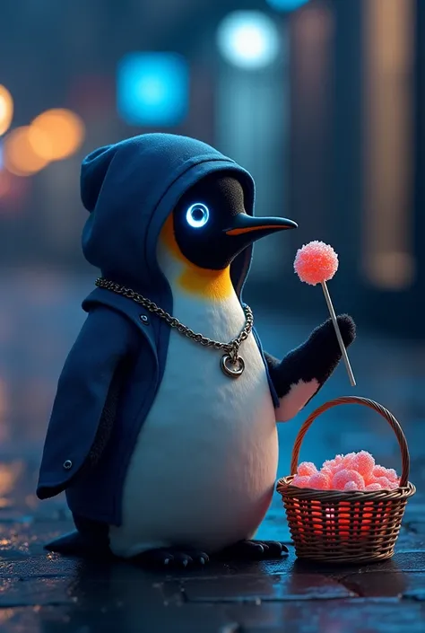 A penguin wearing a hooded jacket、with blue light in his eyes、Wearing a chain necklace，in one hand holding a basket full of cand...