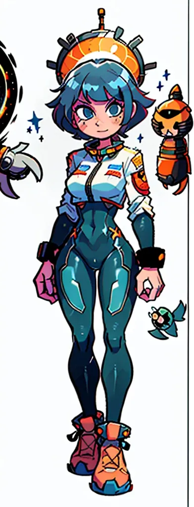 retro space adventurer girl, sexy, space adventurer, tight spacesuit, astronaut helmet, retro sexy, cute, short blue hair, skinn...