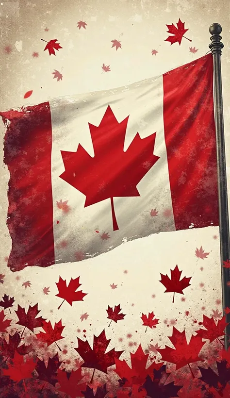 An illustration of a Canadian flag in vertical with a grunge texture. The flag has a red and white color scheme.  There are scat...