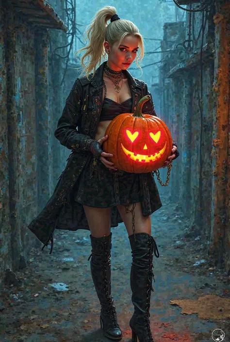 Bad ass Cinderella holding a pumpkin with red heart eyes