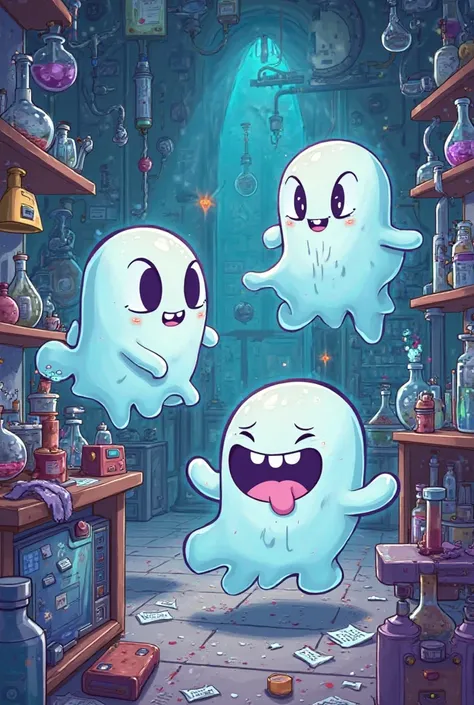 Create a Cartoon image of 3 ghosts in the Tails lab 