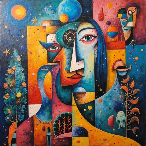 "Cubist style artwork in oil with bright Picasso style colors, Miró and Surrealist Dalí style