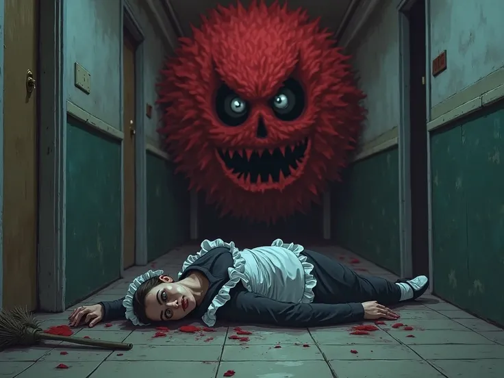 in a hotel corridor without doors, An adult woman maid, Dead and pale lying on the floor, with a scared face and completely whit...
