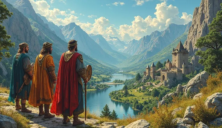 *"Japheth and his sons in an epic scene, surrounded by varied European landscapes (mountains, forests, rivers). Each son holds a...