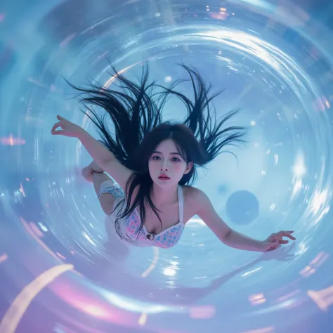 Long black hair, k-idol, fierce beauty, in a bubble, pretty concept photoshoot, cute, space like, spacey, astronaut, cute,, 