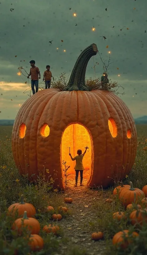 In the middle of a vast field, a group of miniature finger-high humans toil hard to hollow out a giant pumpkin to make tiny hous...