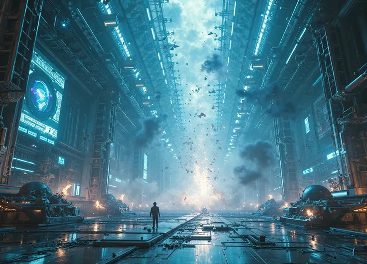 Large sci-fi room with blue lighting being destroyed