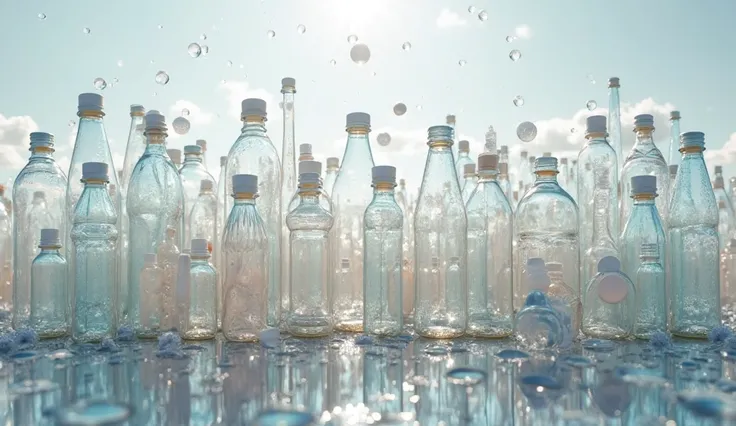 panoramic shot of a city made entirely of plastic objects like a cups and clear plastic bottles without color
