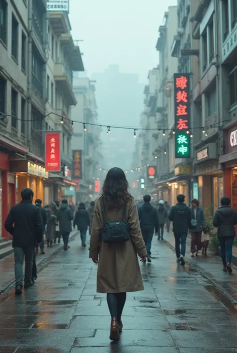 Surreal screen,A woman walking in the streets of Taipei, Taiwan,The background is a Chinese shopping mall before being demolishe...