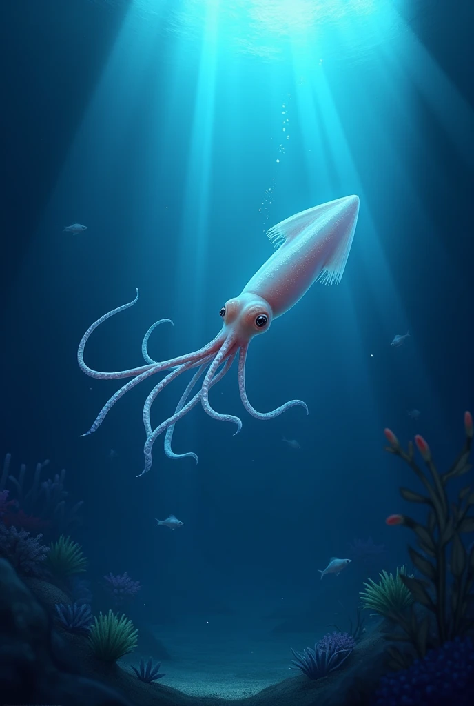 A realistic depiction of a spearsquid pixar style (Architeuthis) in the deep ocean. The squid has a long, slender, torpedo-shape...