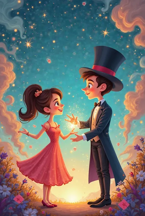 A beautiful girl and a magician. cartoons