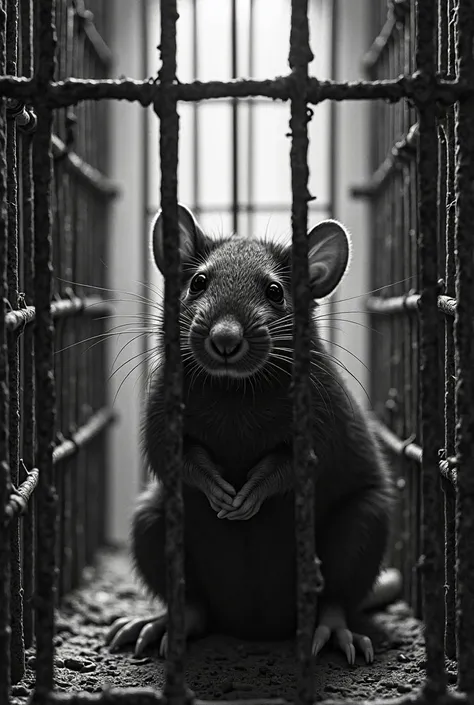 Rat dans une cage dans des tranche en  noir et blanch