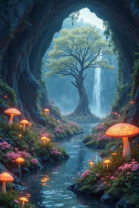 Give me a picture of a beautiful garden, surrounded by a waterfall in a huge cave, full of small but very colorful flowers, arou...