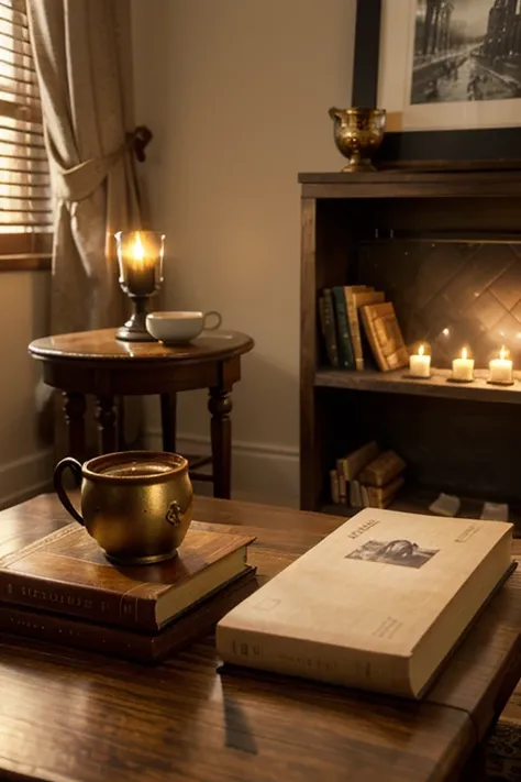 The setting is beautifully lit by the soft glow of lamps, casting a golden hue over the room. A wooden bookshelf filled with boo...