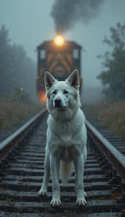 A white dog stands on a train track. It's raining heavily. In the background, a train is approaching with lights on. View from b...