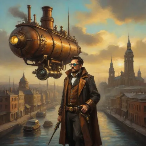 Steampunk oil painting. A brutal man holds a detailed weapon with brass and copper elements. He's dressed in a long quiz a cloak...