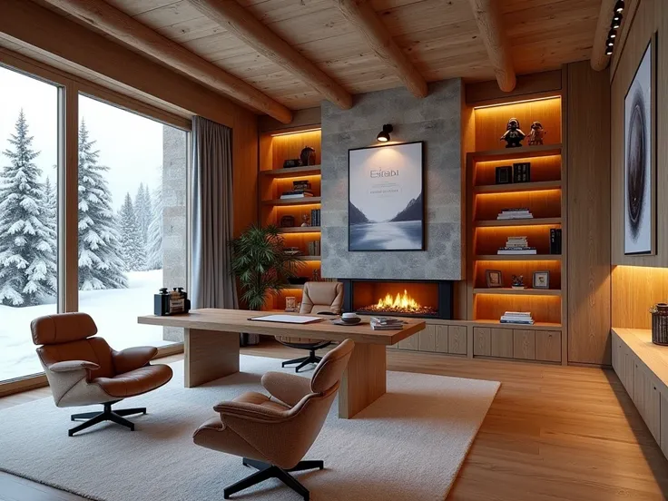 Un bureau au design chaleureux et sophistiqué, niché dans un chalet en bois massif au cœur d’un paysage enneigé, entouré de sapi...