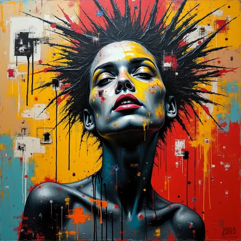Vibrant and expressive mixed media painting inspired by the Basquiat style, characterized by bold brushstrokes, distorted forms ...