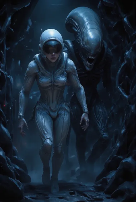a woman in a white spacesuit walks down a narrow corridor of a spaceship, in a dark environment, behind her appears a xenomorphi...