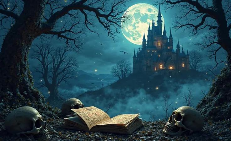 "A dark, horror-themed night scene under a massive full moon, casting an eerie glow over the landscape. In the foreground, curse...