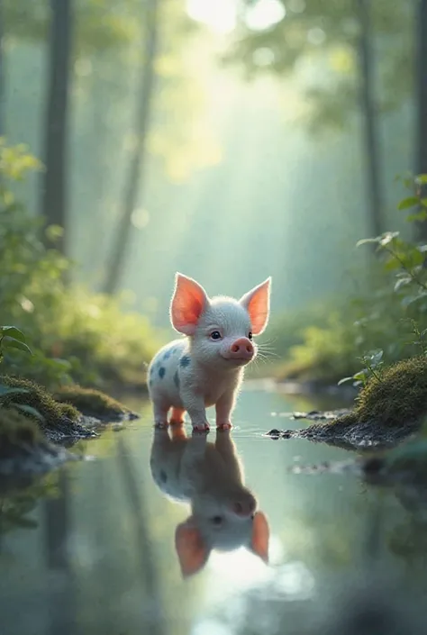 image: the pretty little white piggy with blue spots is looking at his reflection in a puddle in the woods, with his ears down a...