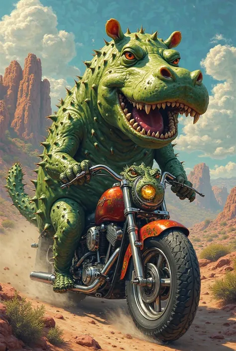 Hippopotamus-headed cactus riding a motorcycle with the head of an alligator 