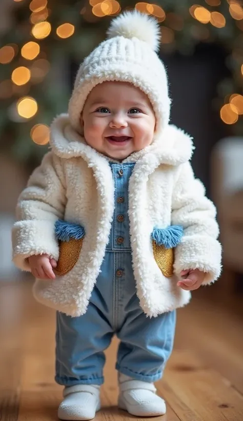 an adorable standing baby with a radiant, smiling face. Here are some detailed features:

facial features:
	• Big, bright eyes, ...