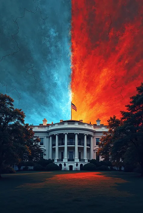 A visually intense illustration of the White House, divided into two contrasting halves—one side illuminated by a cold, steely b...