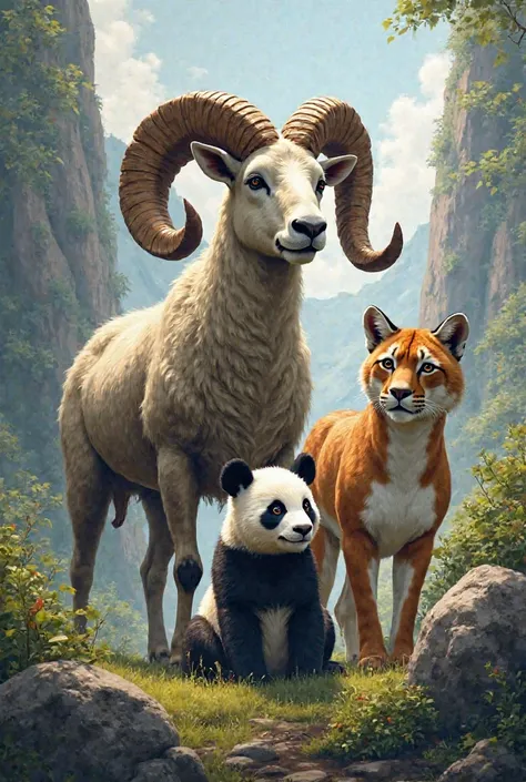 A Cimarron sheep, A panda and a puma 