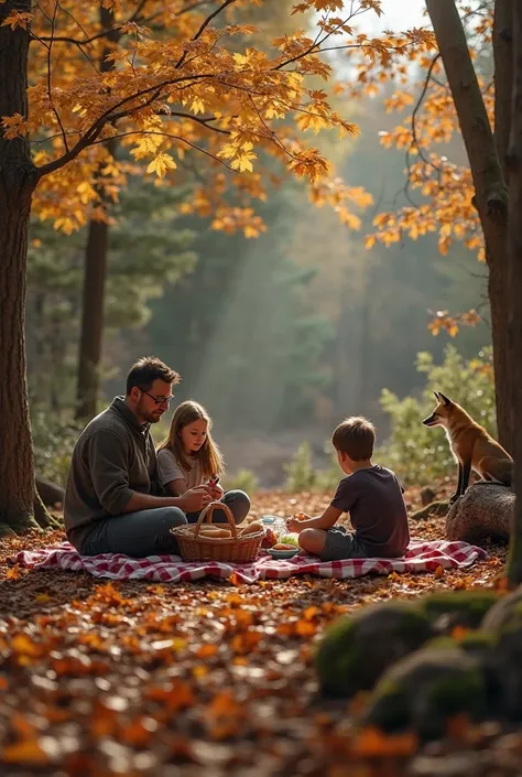 Horizontal photograph of a family picnicking in a small circular clearing of the autumnal forest. On a red and white plaid blank...