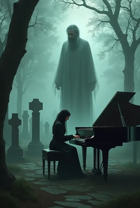 IRANIAN SHIITE CLERIC GHOSTLY IN GRAVEYARD NEXT TO HIS DAUGHTER PLAYING THE PIANO