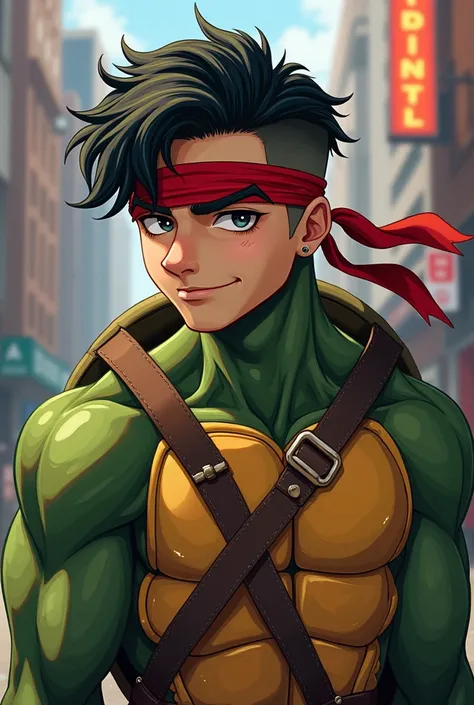 Play Raphael from ninja turtles in an anime-style human version, with a Wolfcut and with a flirty smile
